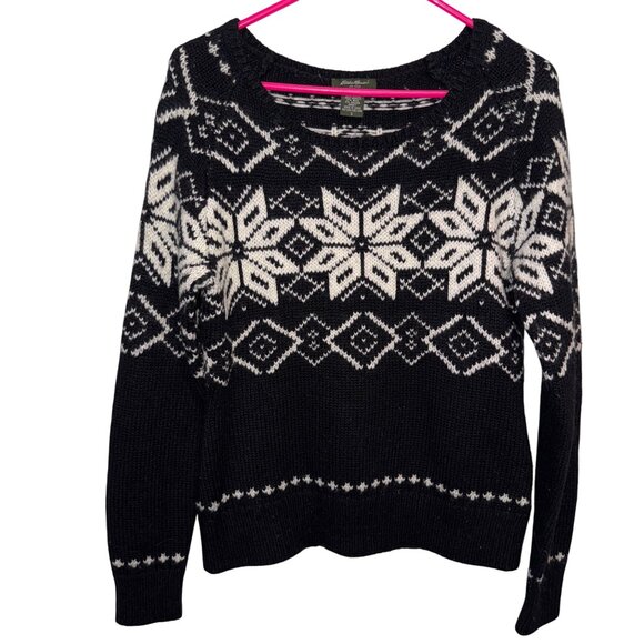 Eddie Bauer Womens Fair Isle Snowflake Sweater S Black/White Wool & Angora Blend - Picture 1 of 5